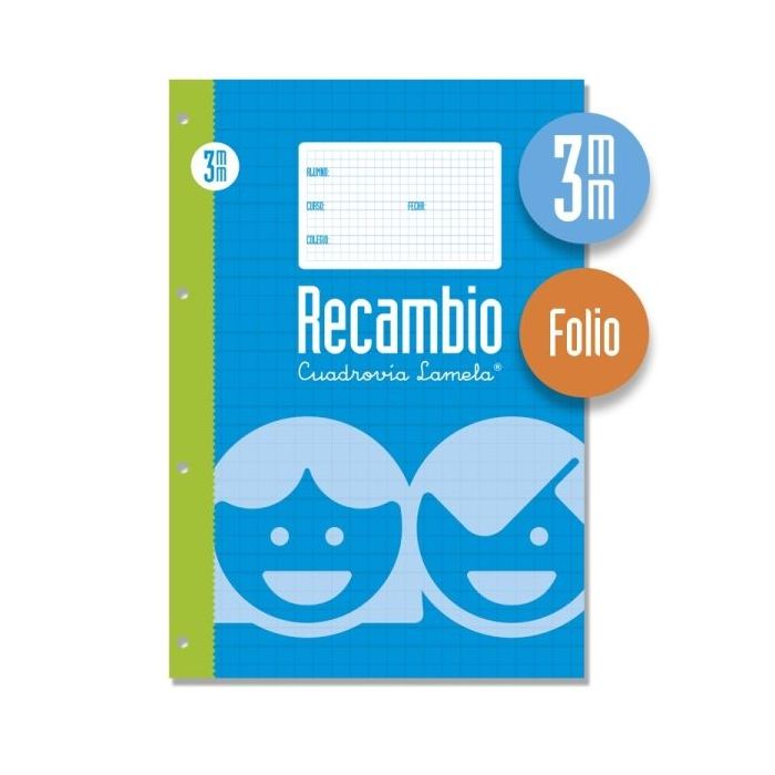 Lamela Recambio para Anillas con 100 Hojas de 70g/m2 con Margen - Formato Folio - Pauta Cuadrovia de 3mm - Papel Offset Blanco Extra - Color Azul