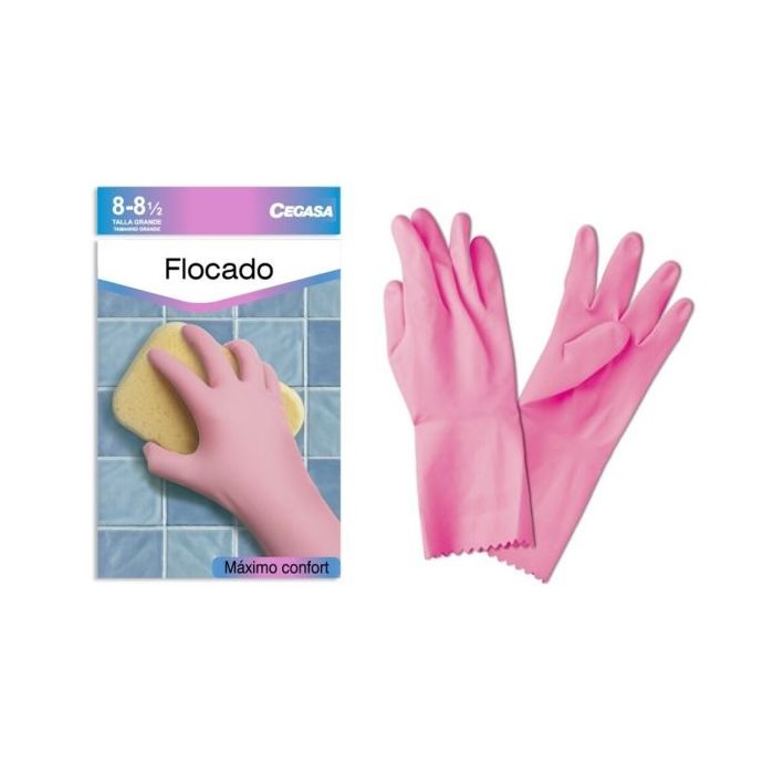 Cegasa Guantes de Latex Talla G 8-8 1/2 - Flocados - Uso General, Domestico, Limpieza - Color Rosa