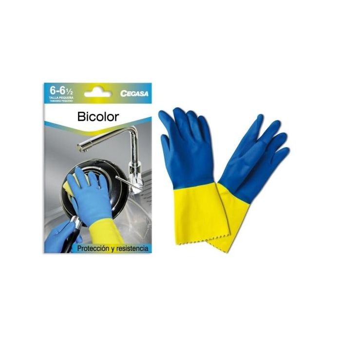 Cegasa Guantes de Latex Talla P 6-6 1/2 - Flocados - Uso General, Domestico, Limpieza, Industria Quimica - Espesor en Palma de 0,6mm - Color Azul/Amarillo