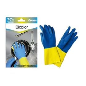 Cegasa Guantes de Latex Talla M 7-7 1/2 - Flocados - Uso General, Domestico, Limpieza, Industria Quimica - Espesor en Palma de 0,6mm - Color Azul/Amarillo
