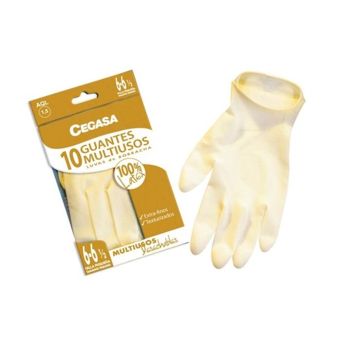 Cegasa Pack de 10 Guantes de Latex Multiusos Talla P 6-6 1/2 - Desechables Extrafinos con Polvo - Uso General, Domestico, Limpieza - Color Amarillo Claro