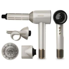 Cecotec DryGlam Waves Champagne Secador de Pelo 4 en 1 - Potencia 1600W - Velocidad 110000rpm - Pantalla Digital - Silencioso - Temperatura Regulable - Motor sin Escobillas - Color Blanco