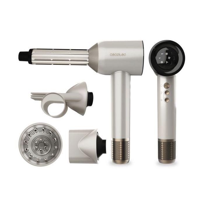 Cecotec DryGlam Waves Champagne Secador de Pelo 4 en 1 - Potencia 1600W - Velocidad 110000rpm - Pantalla Digital - Silencioso - Temperatura Regulable - Motor sin Escobillas - Color Blanco