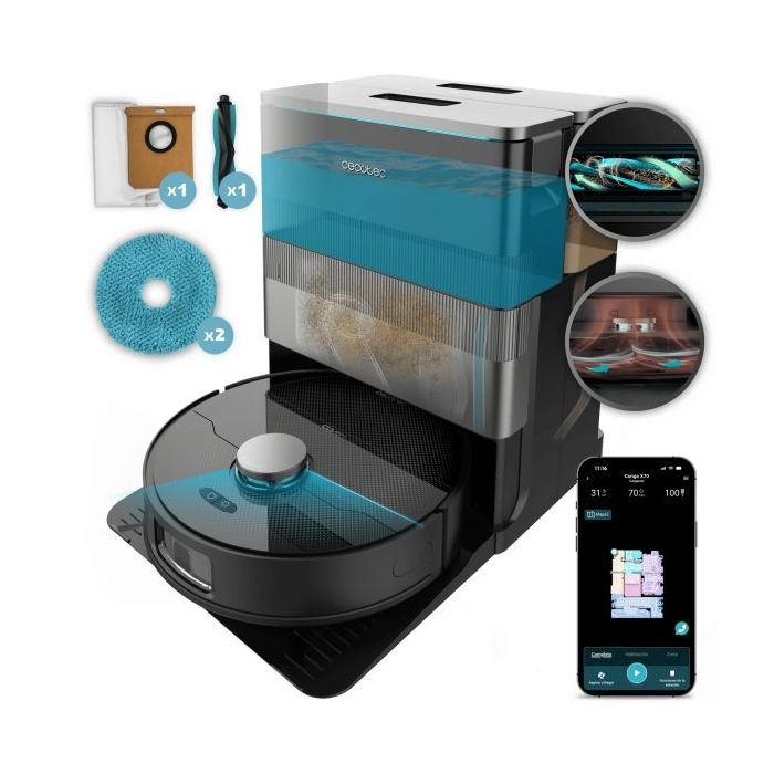 Cecotec Conga X70 Robot Aspirador con Base de Autovaciado 4 en 1 - Control con App - Bluetooth - Autonomia hasta 240min - Succion 15kPa - Inteligencia Artificial - Laser - WiFi - Color Negro