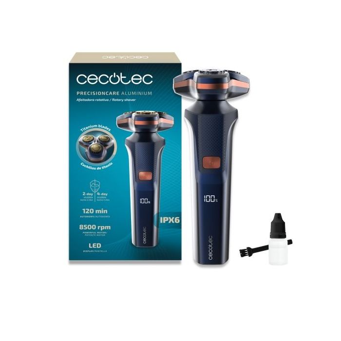 Cecotec PrecisionCare Aluminum Afeitadora Rotatoria - Autonomia hasta 2h - Cabezal Magnetico - Velocidad 8500rpm - Pantalla LED - Revestimiento de Titanio - Color Azul Marino