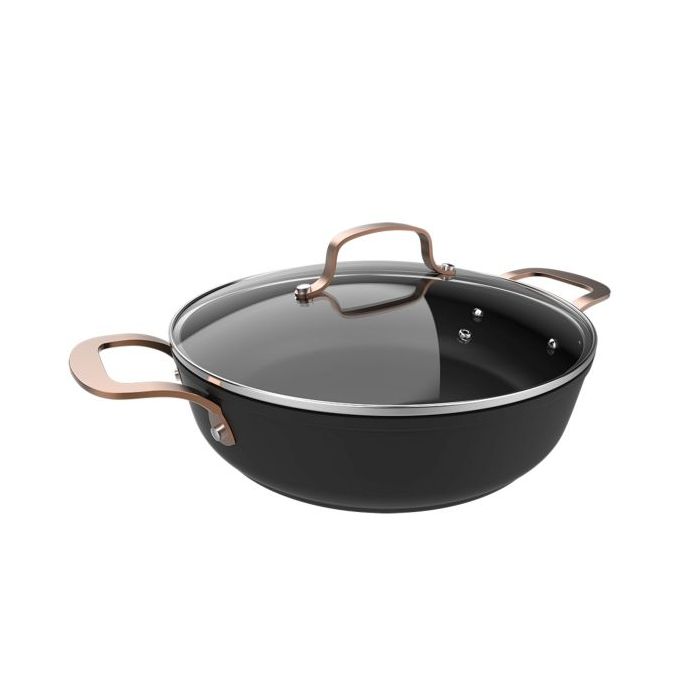 Cecotec Polka Fantasy 28 Low Pot Golden Olla Baja de 28cm de Alumino Forjado - Capacidad de 4.1L - Antiadherente - Apto para Lavavajillas - Soporta hasta 230ºC - Tapa de Cristal Templado - Color Negro