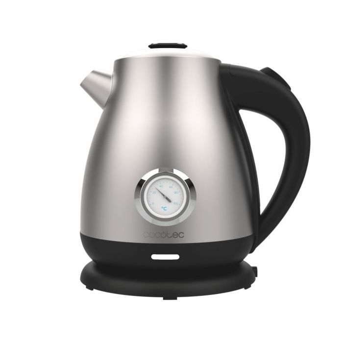 Cecotec Thermosense 620 Retro Steel Hervidor de Agua de 1.7L - 2200W - Termometro Analogico - Base 360º Independiente - Temperatura Regulable - Filtro Antical - Apagado Automatico - Color Negro y Plateado