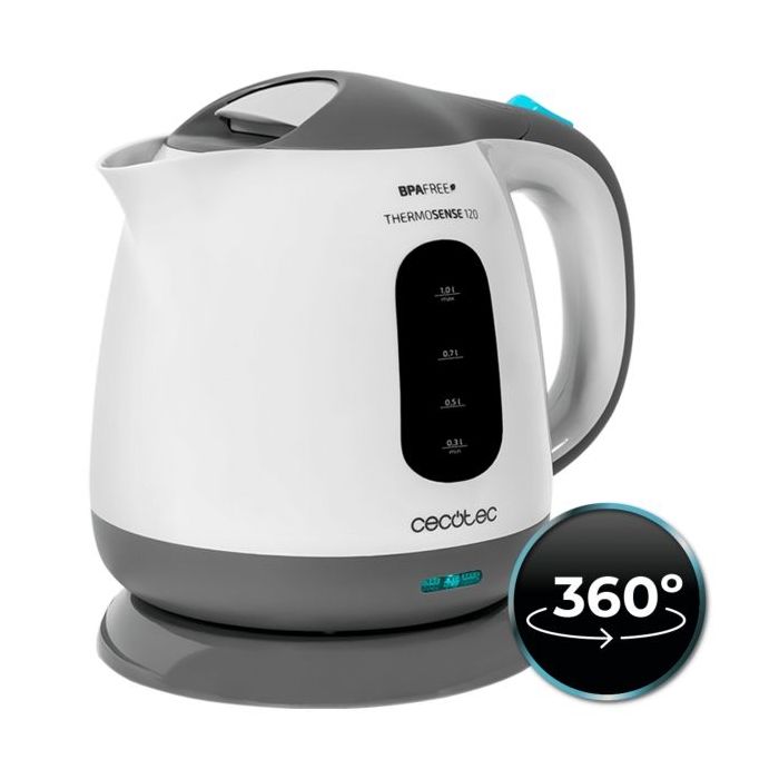 Cecotec ThermoSense 120 Hervidor de Agua de 1L - Potencia 1100W - Libre de BPA - Base 360º Independiente - Filtro Antical - Apagado Automatico - Color Blanco