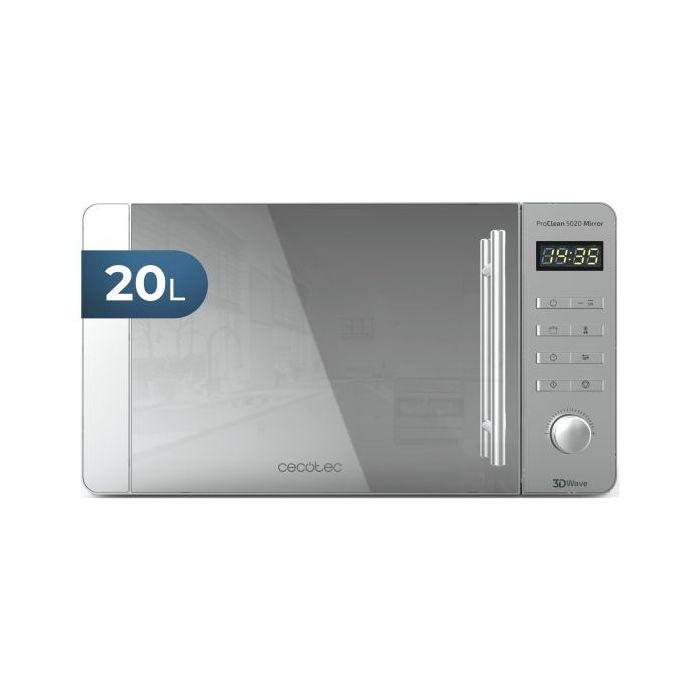 Cecotec ProClean 5020 Mirror Microondas - Potencia 700W - Capacidad 20L - Pantalla LED - Acero Inoxidable - Seguro Infantil - Revestimiento Facil de Limpiar - Color Gris