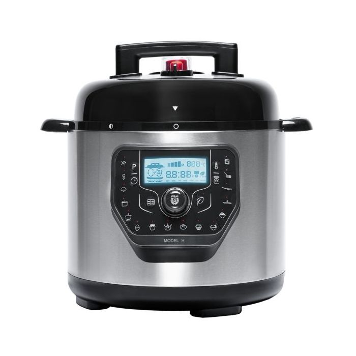 Cecotec H Deluxe Olla GM Programable con Tapa Abatible - Capacidad 6L - Antiadherente - Bascula - Pantalla LCD - Ergonomico - Temperatura Regulable hasta 200ºC - Control por Voz - Color Negro y Plateado