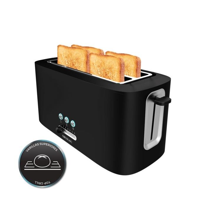 Cecotec Toast and Taste 16000 Extra Double Tostadora de Doble Ranura Larga - 1630W - Autocentrado - 6 Niveles de Tostado - Hueco Recogecables - Base Antideslizante - Recogemigas - Color Negro