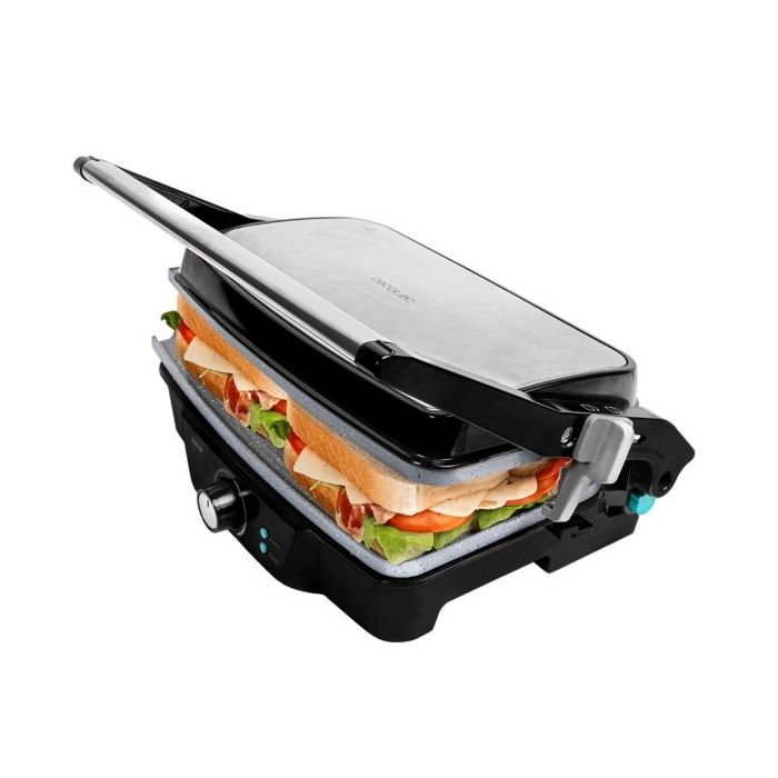 Cecotec Rock’nGrill 1500 Stone Ceramic Mix and Grill Parrilla Electrica - Potencia 1500W - Apertura 180º - Revestimento de Ceramica - Libre de Ptfe y Pfoa - Base Antideslizante - Color Negro y Plateado