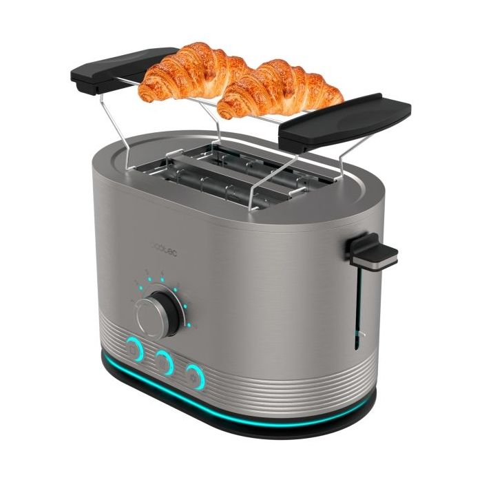 Cecotec Shine and Toast Double Tostadora Doble - Potencia 850W - Ranura Ancha - Acabados en Acero Inoxidable - 7 Niveles de Tostado - Autocentrado - Calienta Panecillos - Color Gris