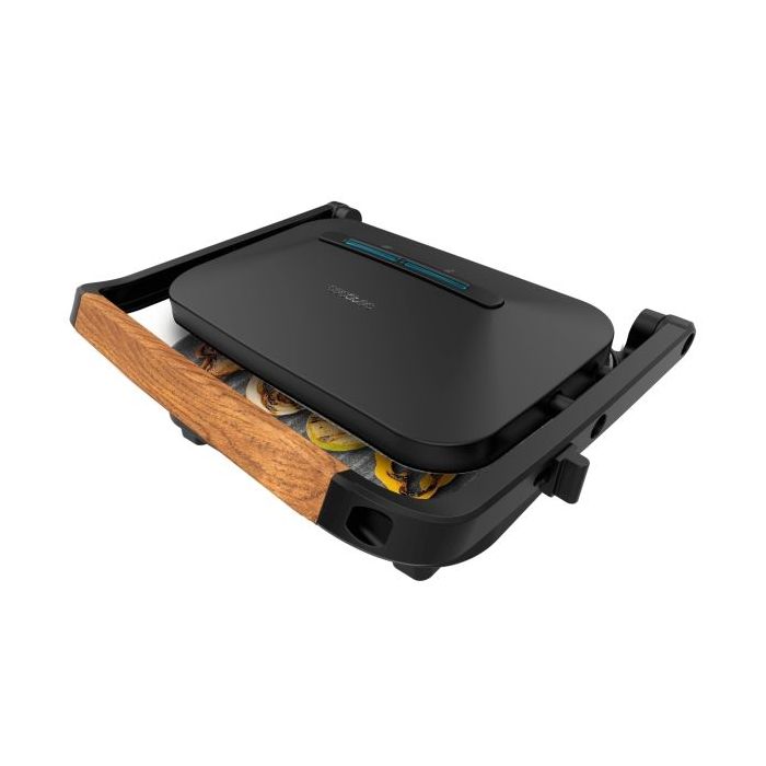 Cecotec Rock'nGrill 1200 Wood B Parrilla Electrica - Potencia 1300W - Temperatura Regulable - Revestimento de Piedra - Asa Tacto Frio - Placa Superior Flotante - Base Antideslizante - Color Negro