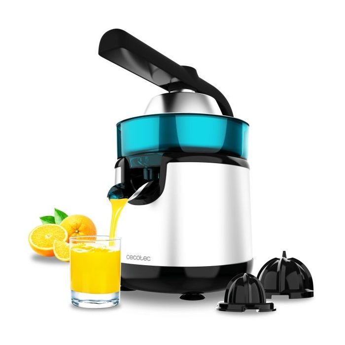 Cecotec EssentialVita Hyden 120 Steel Exprimidor Electrico de Brazo - Potencia 120W - Capacidad 250ml - Boquilla Antigoteo - Acero Inoxidable - Conos Desmontables - Color Blanco