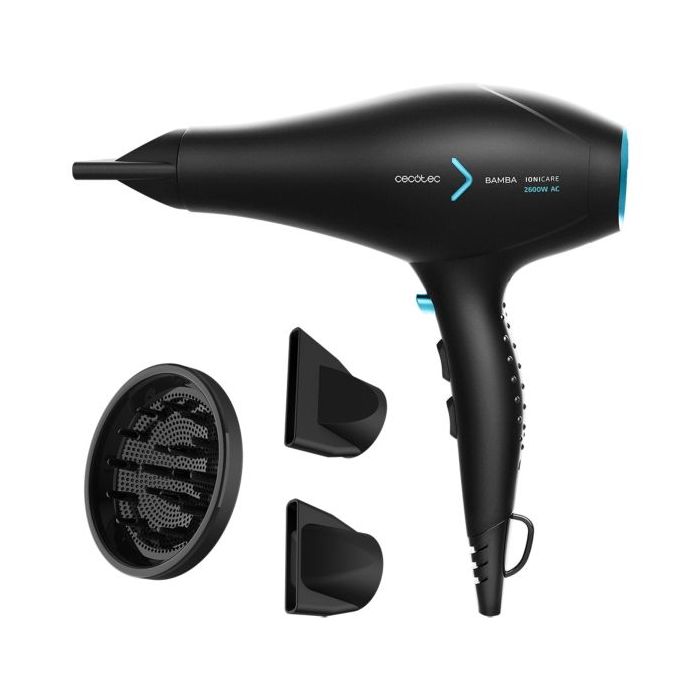 Cecotec IoniCare 5350 Powershine Ice Secador de Pelo - Potencia 2600W - Tecnologia con Iones - Temperatura Regulable - 2 Concentradores - Difusor - Velocidad Ajustable - Cable de 3m - Color Negro