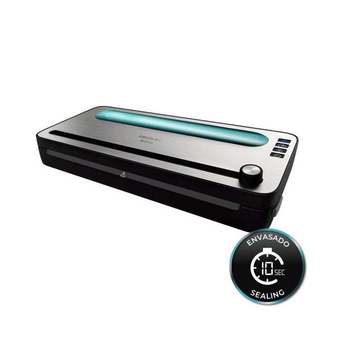 Cecotec FoodCare SealVac 120 SteelCut Envasadora al Vacio - Presion 0.75bar - 120W - Silencioso - Acero Inoxidable - Luz LED - Admite Bolsas Genericas - Funcion Vacio para Botes - Color Negro y Plateado