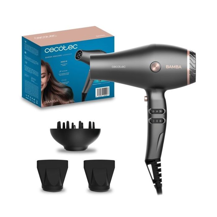 Cecotec IoniCare Harmony Secador de Pelo - Potencia 2600W - Tecnologia con Iones - Temperatura Regulable - 2 Concentradores - Difusor - Cable de 1.8m - Velocidad Ajustable - Color Gris Oscuro