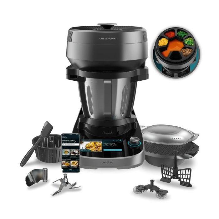 Cecotec Mambo CooKing Victory Robot de Cocina con Dispensador de Alimentos Automatico - Jarra de Acero Inoxidable 4.5L - Pantalla Tactil de 7" - Recetario - Vaporera - Color Negro y Gris