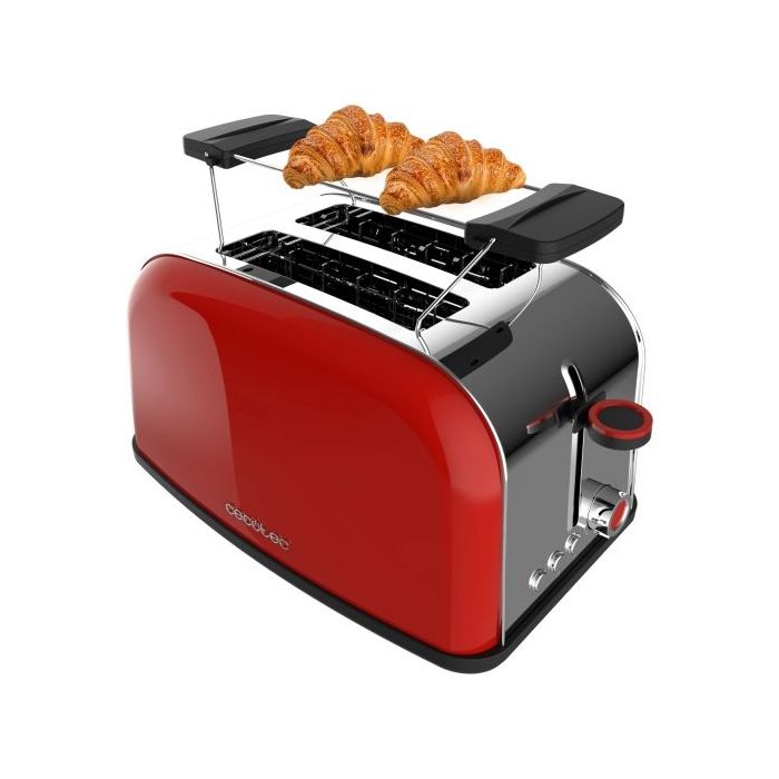 Cecotec Toastin' time 850 Red Tostadora Doble - Potencia 850W - Ranura Ancha - Acabados en Acero Inoxidable - Bandeja Recogemigas - Autocentrado - Calienta Panecillos - Color Rojo