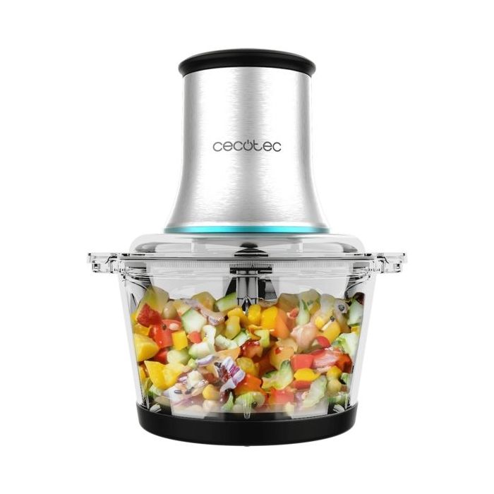 Cecotec ChopBeat 2000 Vindaloo Glass Picadora Electrica - Potencia 500W - Capacidad 500g - Cuchillas de Acero Inoxidable - Apto Lavavajillas - Base Antideslizante - 2 Velocidades - Color Negro y Plateado