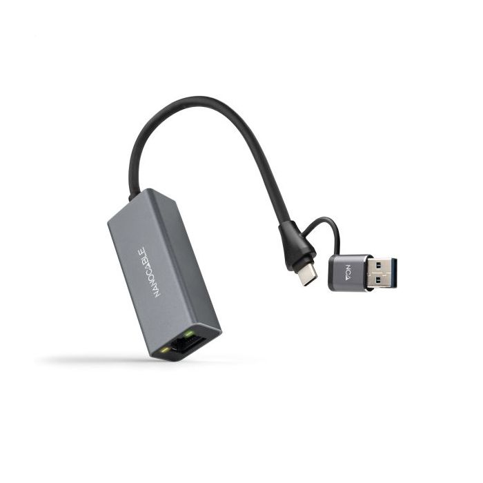 Nanocable Adaptador de Red USB-C + USB-A/M 3.0 a Ethernet Gigabit 10/100/1000 Mbps - 15 cm - Color Gris