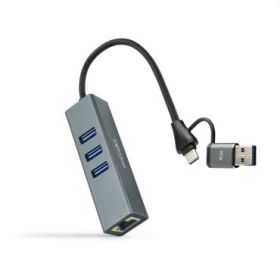 Nanocable Adaptador de Red USB-C + USB-A/M 3.0 a Ethernet Gigabit 10/100/1000 Mbps + Hub 3xUSB-A 3.0 - 15 cm - Color Gris