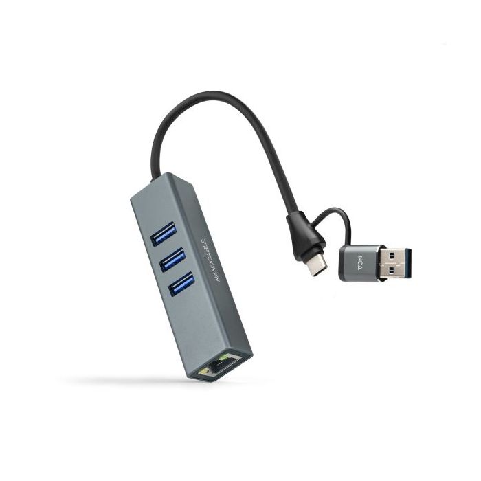 Nanocable Adaptador de Red USB-C + USB-A/M 3.0 a Ethernet Gigabit 10/100/1000 Mbps + Hub 3xUSB-A 3.0 - 15 cm - Color Gris