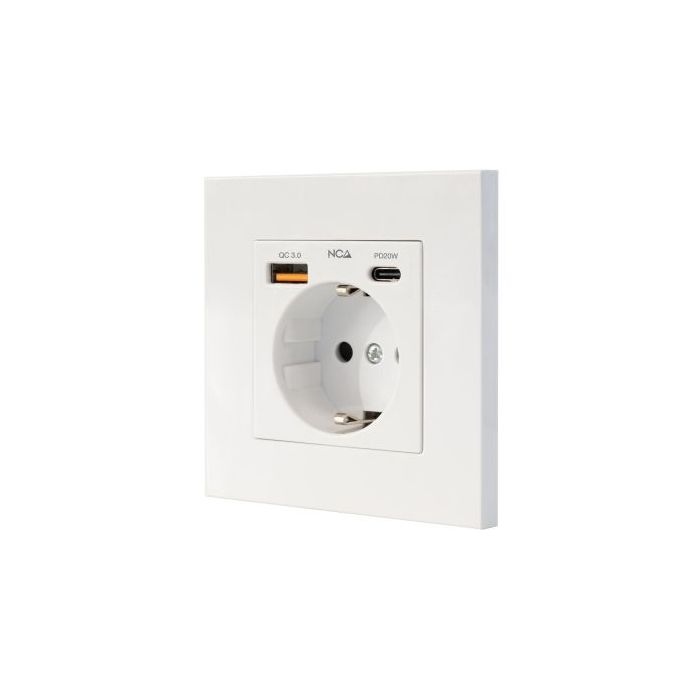 Nanocable Roseta Base de Enchufe de Pared Empotrable Tipo Schuko - 1xUSB-A QC 3.0, 1xUSB-C PD - 3.4A - Color Blanco