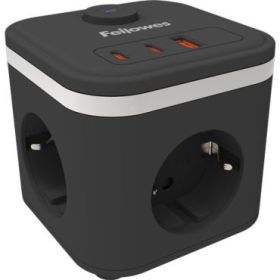 Fellowes Cubo Multienchufes de Sobremesa con 3 Tomas 230V + 2x USB-C 20W max. - 1x USB-A 18W max. - Cable de 2m - Interruptor On/Off - Color Negro