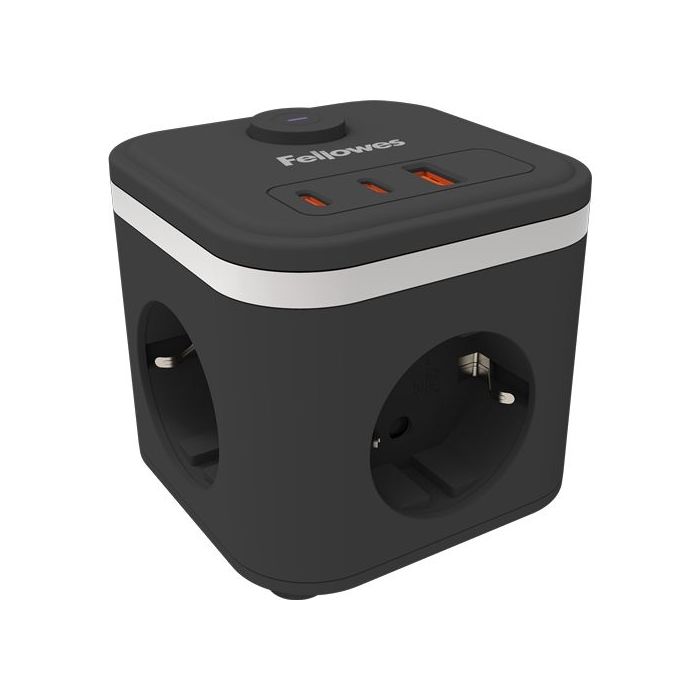 Fellowes Cubo Multienchufes de Sobremesa con 3 Tomas 230V + 2x USB-C 20W max. - 1x USB-A 18W max. - Cable de 2m - Interruptor On/Off - Color Negro