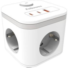 Fellowes Cubo Multienchufes de Sobremesa con 3 Tomas 230V + 2x USB-C 20W max. - 1x USB-A 18W max. - Cable de 2m - Interruptor On/Off - Color Blanco