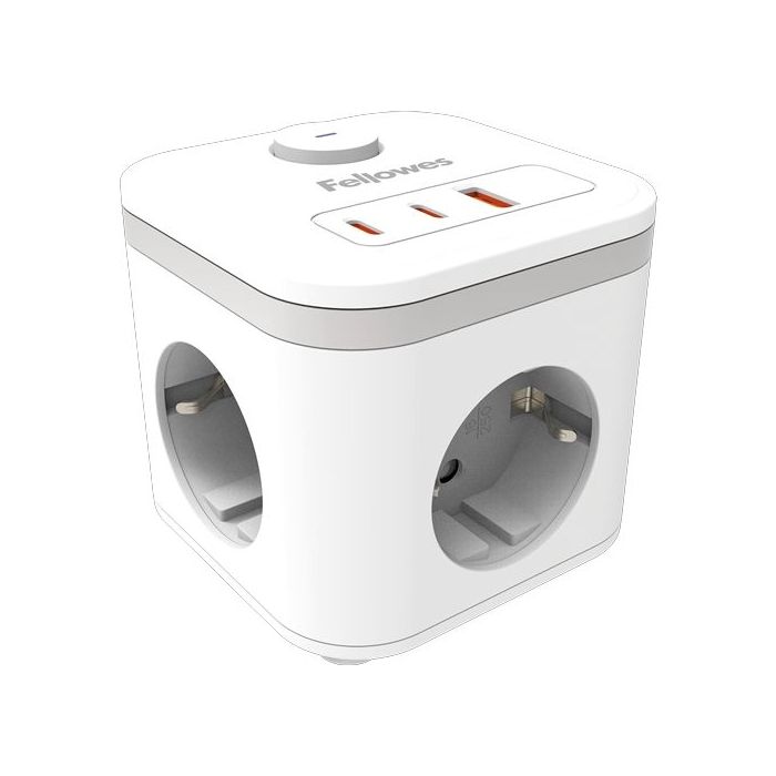 Fellowes Cubo Multienchufes de Sobremesa con 3 Tomas 230V + 2x USB-C 20W max. - 1x USB-A 18W max. - Cable de 2m - Interruptor On/Off - Color Blanco