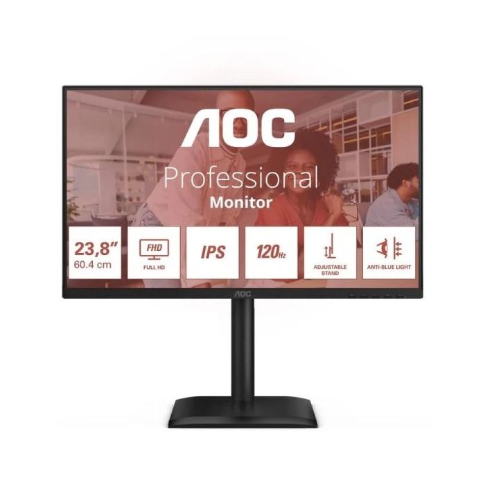 AOC Monitor 23.8" LED IPS FullHD 120Hz - Respuesta 4ms - Ajustable en Altura, Giratorio e Inclinable  - Altavoces 4W - USB, HDMI, DisplayPort, VGA, Audio - VESA 100x100
