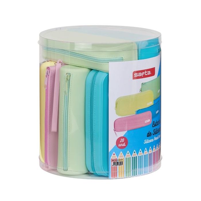 Safta Pack de 16 Estuches - Caja Cilindrica de PVC Transparente - Silicona de Alta Calidad - Flexible - Facil de Limpiar - 227x230mm - Colores Surtidos