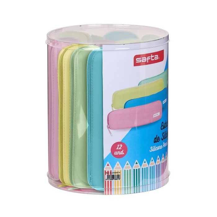 Safta Pack de 12 Estuches - Silicona de Alta Calidad - Caja Cilindrica de PVC Transparente - Flexible - Facil de Limpiar - 170x210mm - Colores Surtidos
