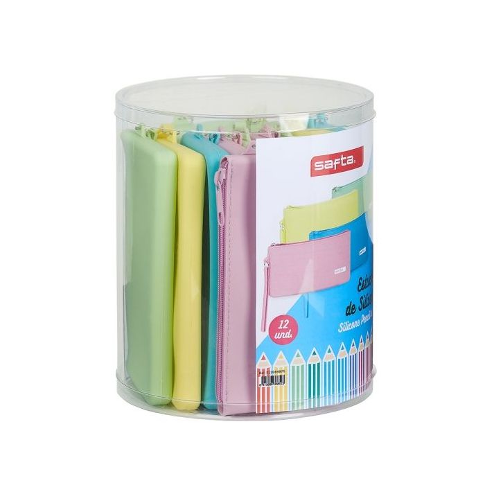 Safta Pack de 12 Estuches Planos - Caja Cilindrica de PVC Transparente - Silicona de Alta Calidad - Flexible - Facil de Limpiar - 195x230mm - Colores Surtidos