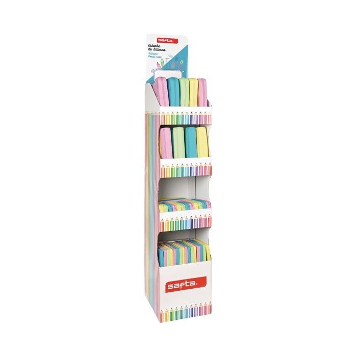 Safta Expositor con Portatodos - Carton Resistente - Cuatro Alturas - Modelos Variados de Portatodos - Presentacion Ordenada y Atractiva - 200x20x55mm - Colores Surtidos