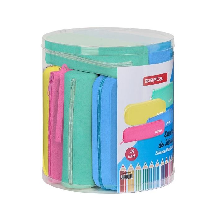 Safta Silicone Glitter Pack de 16 Estuches - Silicona con Purpurina - Caja Cilindrica de PVC Transparente - Variedad de Modelos - Flexible - Facil de Limpiar - 227x230mm - Colores Surtidos