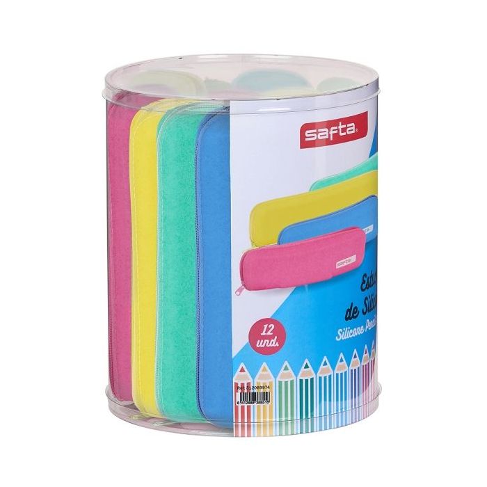 Safta Silicone Glitter Pack de 12 Estuches Planos - Caja Cilindrica de PVC Transparente - Silicona con Purpurina - Flexible - Facil de Limpiar - 170x210mm - Colores Surtidos