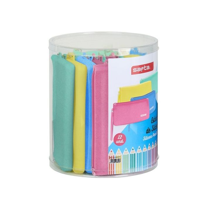 Safta Silicone Glitter Pack de 12 Estuches Planos - Silicona con Purpurina - Caja Cilindrica de PVC Transparente - Flexible - Facil de Limpiar - 195x230mm - Colores Surtidos