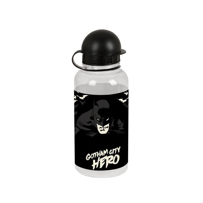 Safta Batman Hero Botella de 500ml - PVC sin BPA - Cierre Hermetico a Presion - Valvula de Salida de Agua - Tapon Roscado - 69x180mm - Color Negro