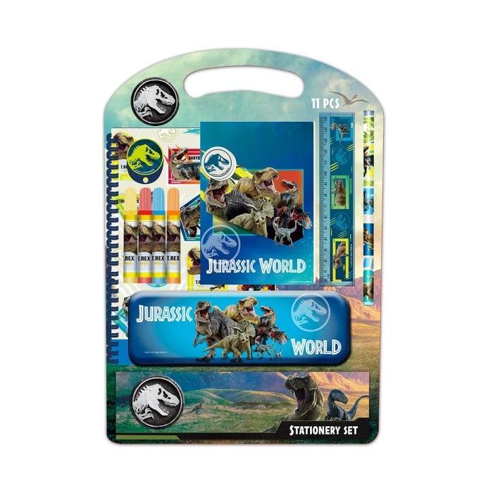 Safta Jurassic World Pack Escolar con Plumier Metalico - Lapiz - 4 Rotuladores - Regla 15cm - Sacapuntas - Goma - Libreta A4 - Bloc de Notas A6 - 270x30x375mm - Multicolor