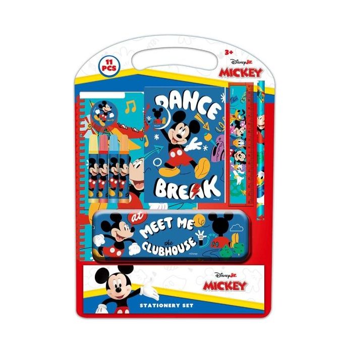Safta Mickey Mouse Good Day Pack Escolar con Plumier Metalico - Lapiz - 4 Rotuladores - Regla 15cm - Sacapuntas - Goma - Libreta A4 - Bloc de Notas A6 - 270x30x375mm - Multicolor