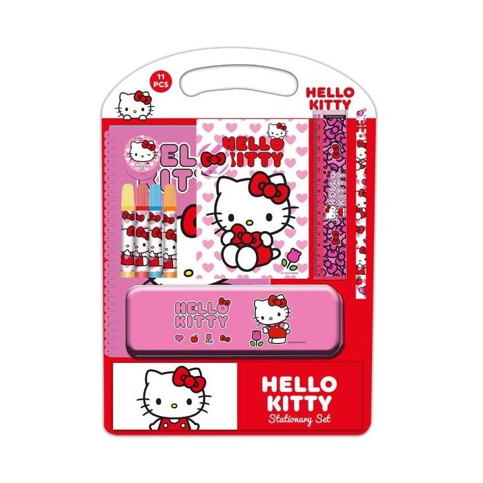 Safta Hello Kitty Iconic Pack Escolar con Plumier Metalico - Lapiz - 4 Rotuladores - Regla 15cm - Sacapuntas - Goma - Libreta A4 - Bloc de Notas A6 - 270x30x375mm - Multicolor