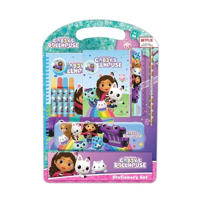 Safta Gabby's Dollhouse Confetti Pack Escolar con Plumier Metalico - Lapiz - 4 Rotuladores - Regla 15cm - Sacapuntas - Goma - Libreta A4 - Bloc de Notas A6 - 270x30x375mm - Color Rosa