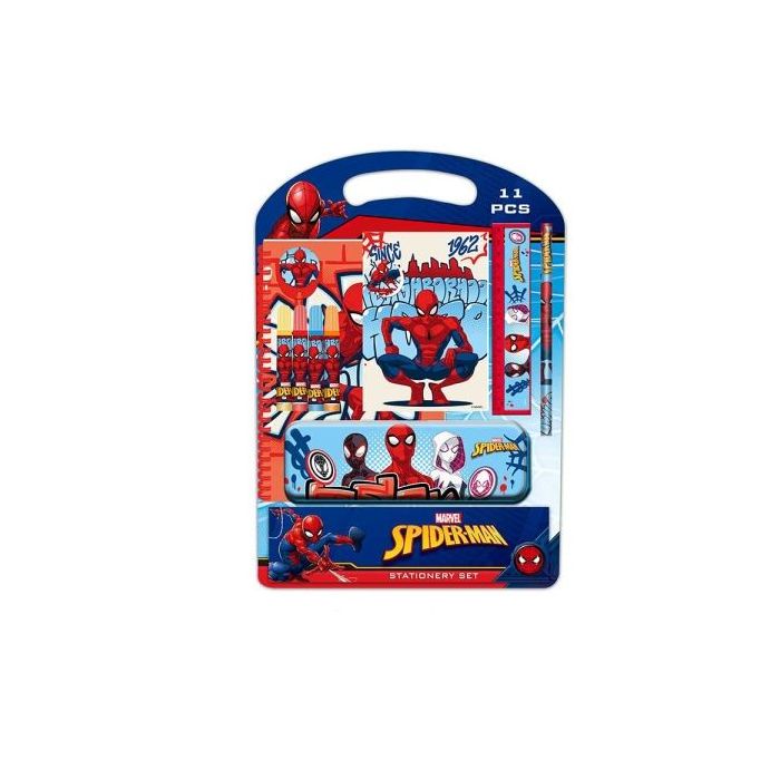Safta Spider-Man Attack Pack Escolar con Plumier Metalico - Lapiz - 4 Rotuladores - Regla 15cm - Sacapuntas - Goma - Libreta A4 - Bloc de Notas A6 - 270x30x375mm - Multicolor