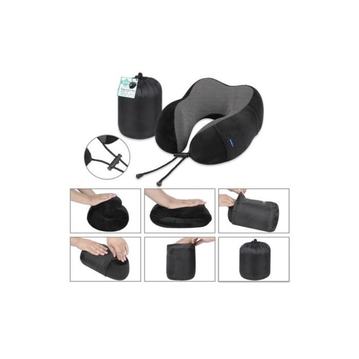 Lagart Almohada Cervical de Viaje con Relleno de Espuma - Funda de Poliester Lavable con Bolsillo - Bolsa de Transporte - Color Negro/Gris