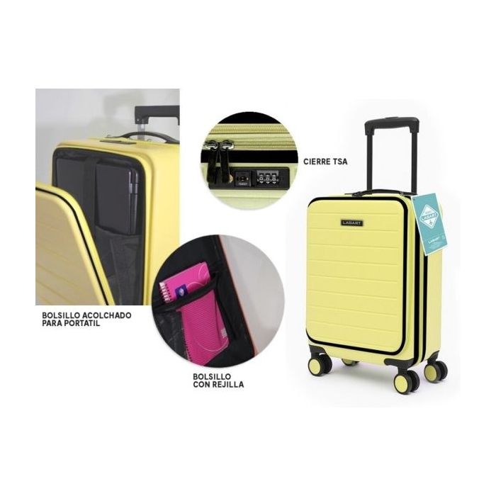 Lagart Maleta Trolley Pocket de Cabina Rigida 20” 55x34x20cm - Compartimento Frontal Acolchado para Portatil - Cierre TSA - Ruedas Dobles 360º - Color Amarillo Pastel