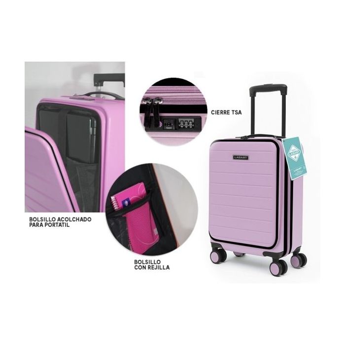 Lagart Maleta Trolley Pocket de Cabina Rigida 20” 55x34x20cm - Compartimento Frontal Acolchado para Portatil - Cierre TSA - Ruedas Dobles 360º - Color Rosa Pastel